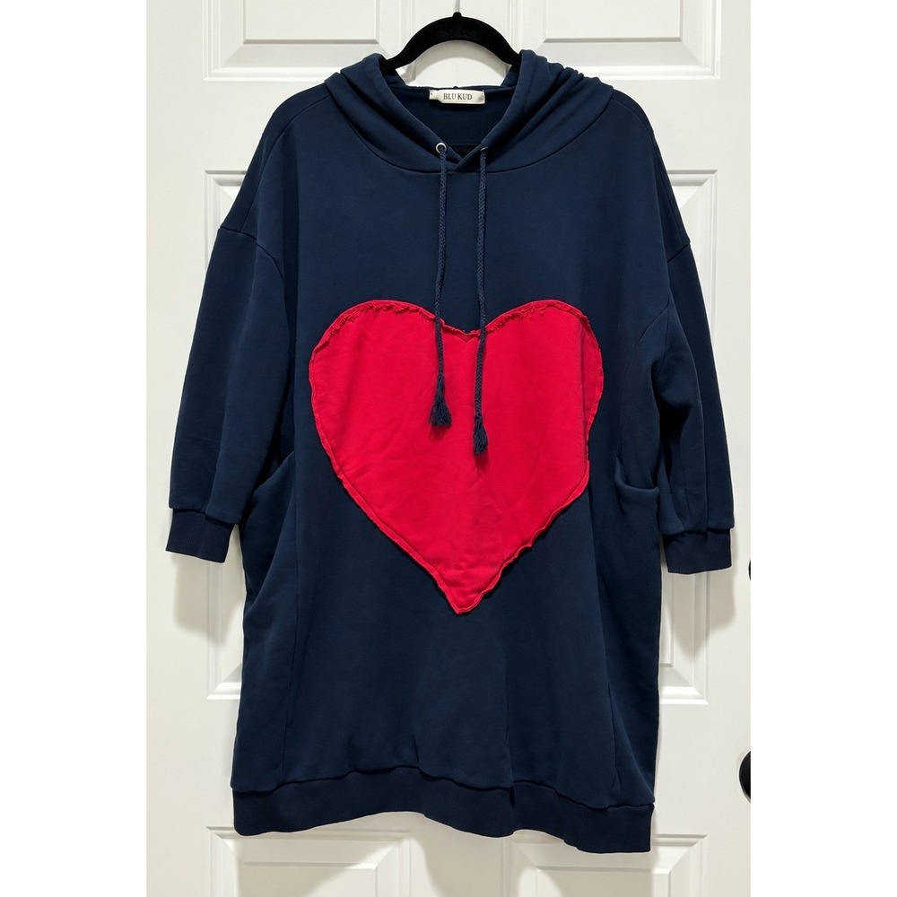 BUYKUD Women Navy Blue Oversized Heart Patch Hoodie Sweatshirt Mini Dress Pocket
